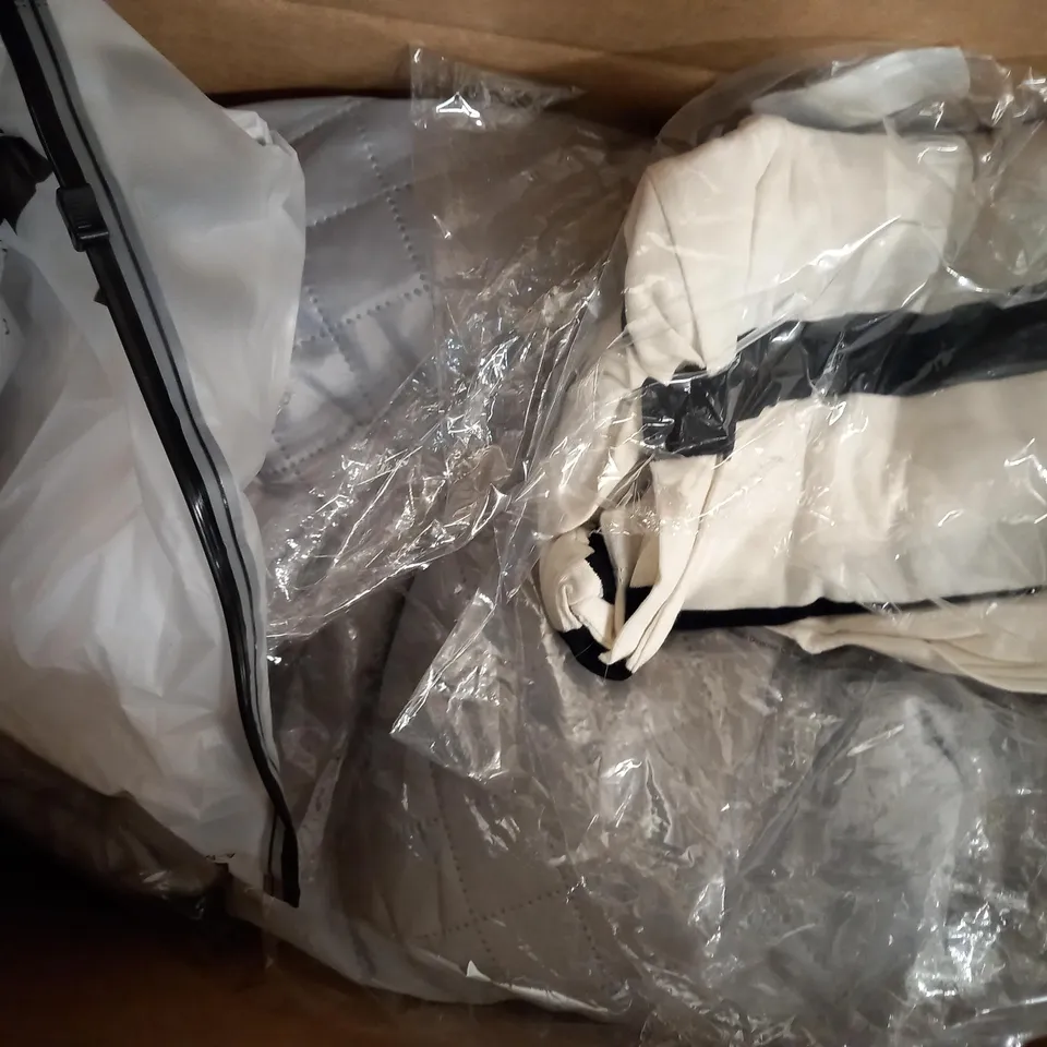 BOX OF APPROXIMATELY 10 ASSORTED CLOTHING AND FASHION ITEMS TO INCUDE BIGDUDE LAZY DOG DESIGN TOP IN BLACK SIZE 4XL, BIGDUDE JUMPER IN BLACK SIZE 5XLT, DESIGNER TROUSERS IN BLACK/WHITE W. PURPLE FLOWE