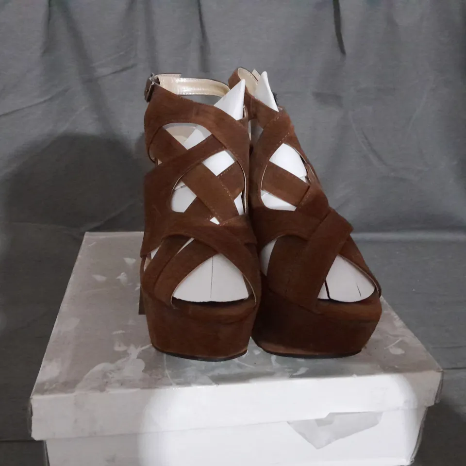 APPROXIMATELY 6 BOXED PAIRS OF KOI WEDGE SANDALS IN BROWN SUEDE VARIOUS SIZES TO INCLUDE SIZE 6