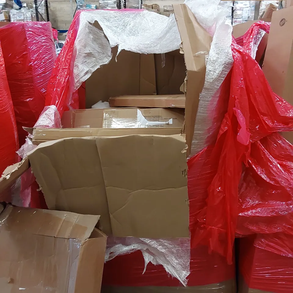 PALLET OF ASSORTED HOUSEHOLD ITEMS AND CONSUMER PRODUCTS. INCLUDING TOILET SEAT, PET BED, BABY PLAYPEN, LED LIGHTED MIRROR, BOXED FURNITURE ETC