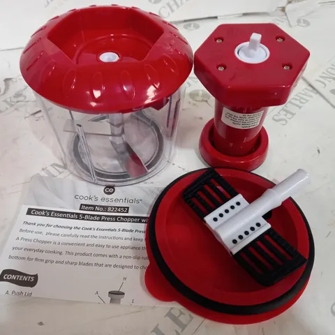 COOKS ESSENTIALS 5 BLADE PRESS CHOPPER WITH STORAGE LID - RED