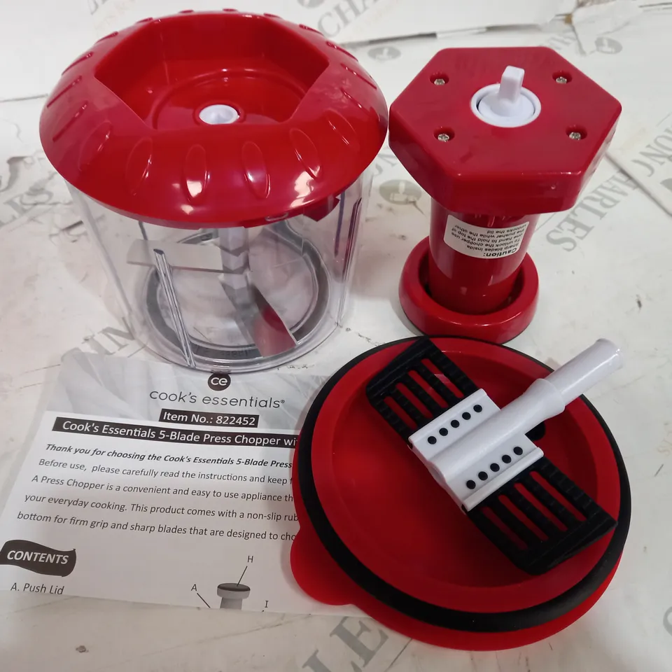 COOKS ESSENTIALS 5 BLADE PRESS CHOPPER WITH STORAGE LID - RED
