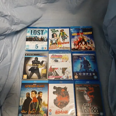 BLU-RAY COLLECTION: LOST SEASON 5; THE PALEFACE; THE BIG BANG THEORY (COMPLETE FIFTH SEASON); GOLDENEYE 007(PS3); BORUTO; LOOPER; SPIDER-MAN: FAR FROM HOME; THE HOWLING; THE GIRL WITH THE DRAGON TATTO