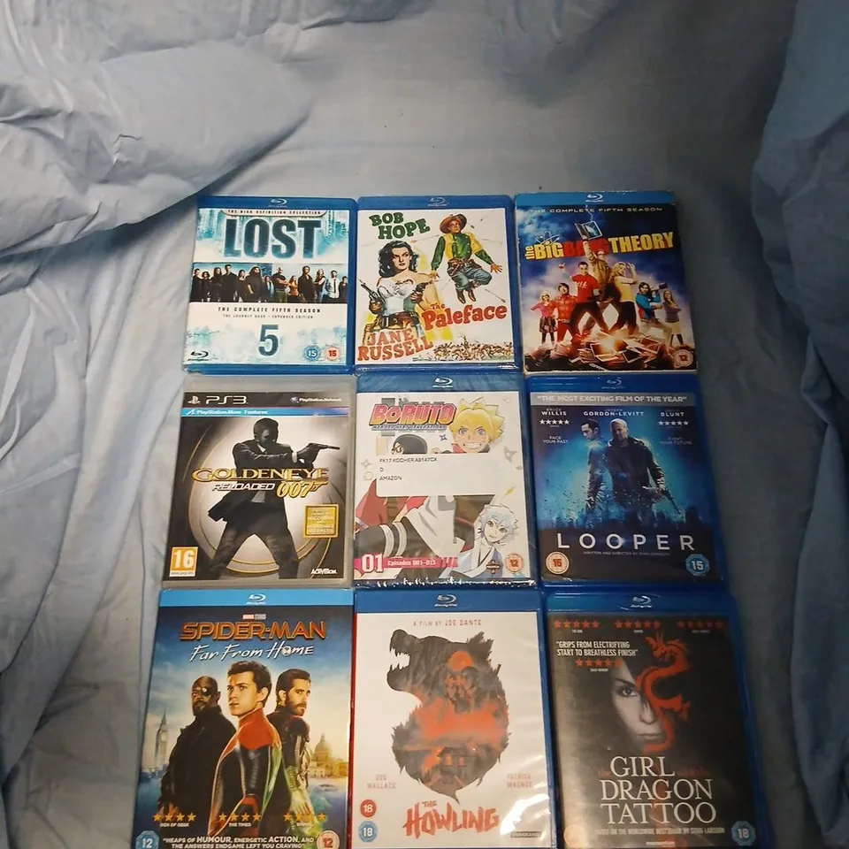 BLU-RAY COLLECTION: LOST SEASON 5; THE PALEFACE; THE BIG BANG THEORY (COMPLETE FIFTH SEASON); GOLDENEYE 007(PS3); BORUTO; LOOPER; SPIDER-MAN: FAR FROM HOME; THE HOWLING; THE GIRL WITH THE DRAGON TATTO