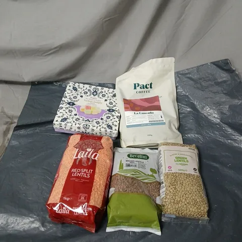 APPROXIMATELY 7 ASSORTED FOOD AND DRINK ITEMS TO INCLUDE PACT COFFEE, LENTILS, TURKISH DELIGHT ETC