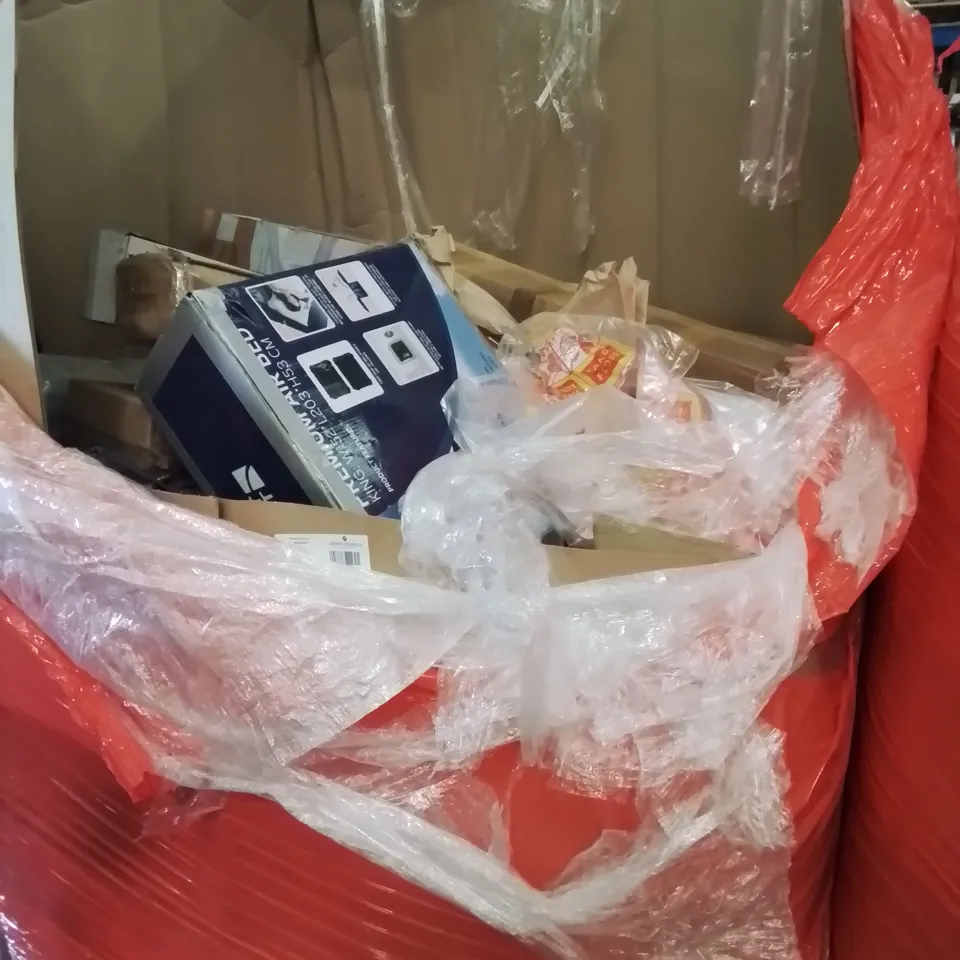 PALLET OF ASSORTED ITEMS TO INCLUDE, WORKOUT BAR, INFLATABLE AIR BEDS, RETRACTABLE BABY GATE, ROLL OF SPLIT CANE SEATING, CANDY FLOSS BAGS.