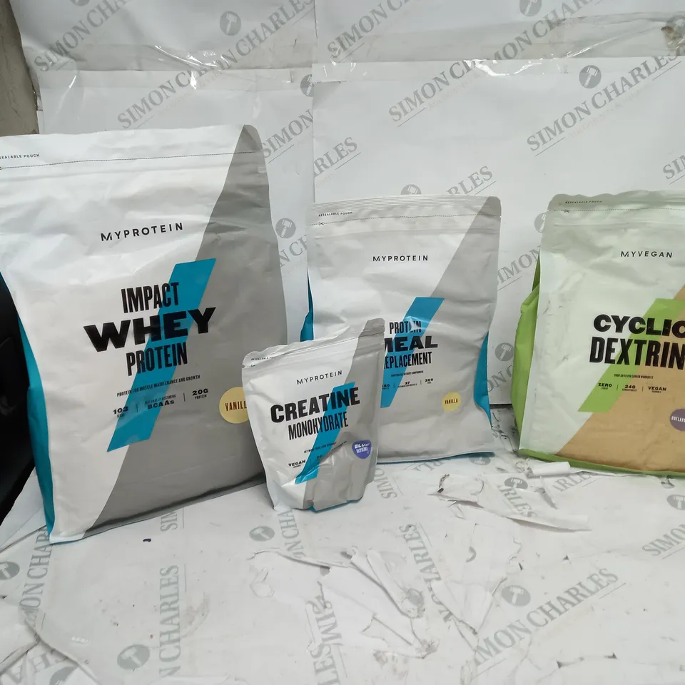 MY PROTIEIN IMPACT WHEY PROTIEN VANILLA, VANILLA PROTIEN MEAL REPLACEMENT, CREATINE MONOHYDRATES BLUE RASPBERRY, AND MYVEGAN CYCLIC DEXTRIN