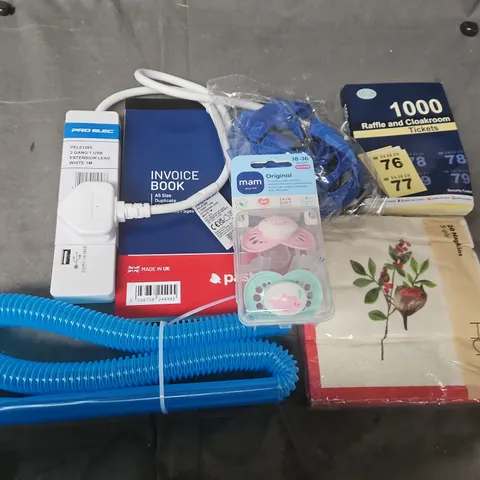 APPROXIMATELY 15 ASSORTED HOUSEHOLD ITEMS TO INCLUDE PRO-ELEC EXTENSION LEADS, RAFFLE TICKETS, INVOICE BOOK, ETC