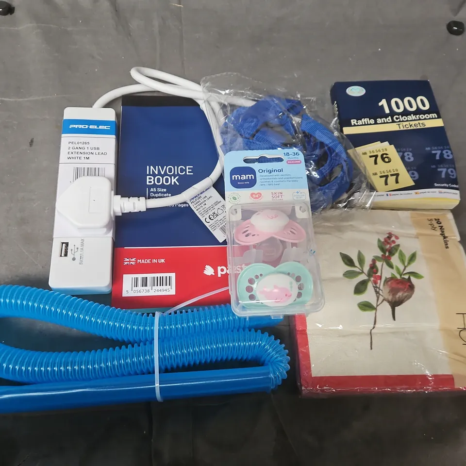 APPROXIMATELY 15 ASSORTED HOUSEHOLD ITEMS TO INCLUDE PRO-ELEC EXTENSION LEADS, RAFFLE TICKETS, INVOICE BOOK, ETC