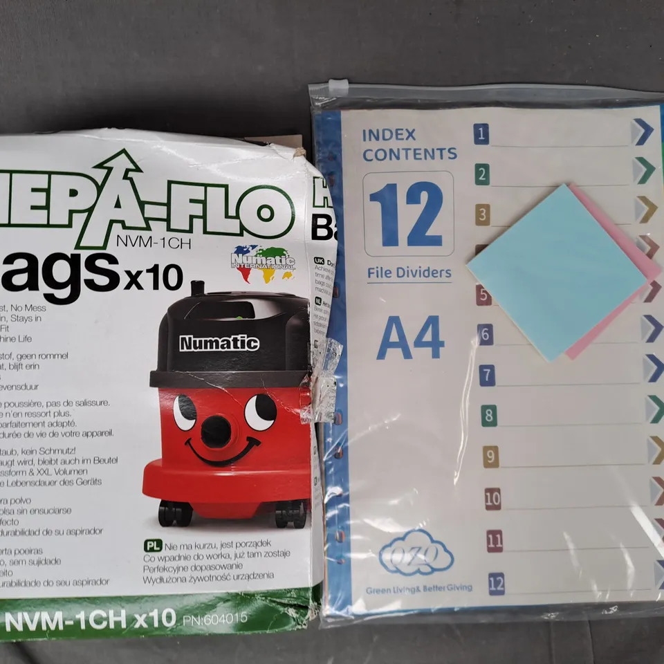 BOX OF APPROXIMATELY 20 ASSORTED HOUSEHOLD ITEMS TO INCLUDE HEPA-FLO BAGS, A4 FILE DIVIDERS, ETC