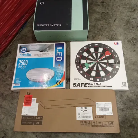 PALLET OF ASSORTED HOUSEHOLD GOODS AND PRODUCTS TO INCLUDE; DART SET, CEILING LIGHT, SHOWER SYSTEM, SHELVES ETC
