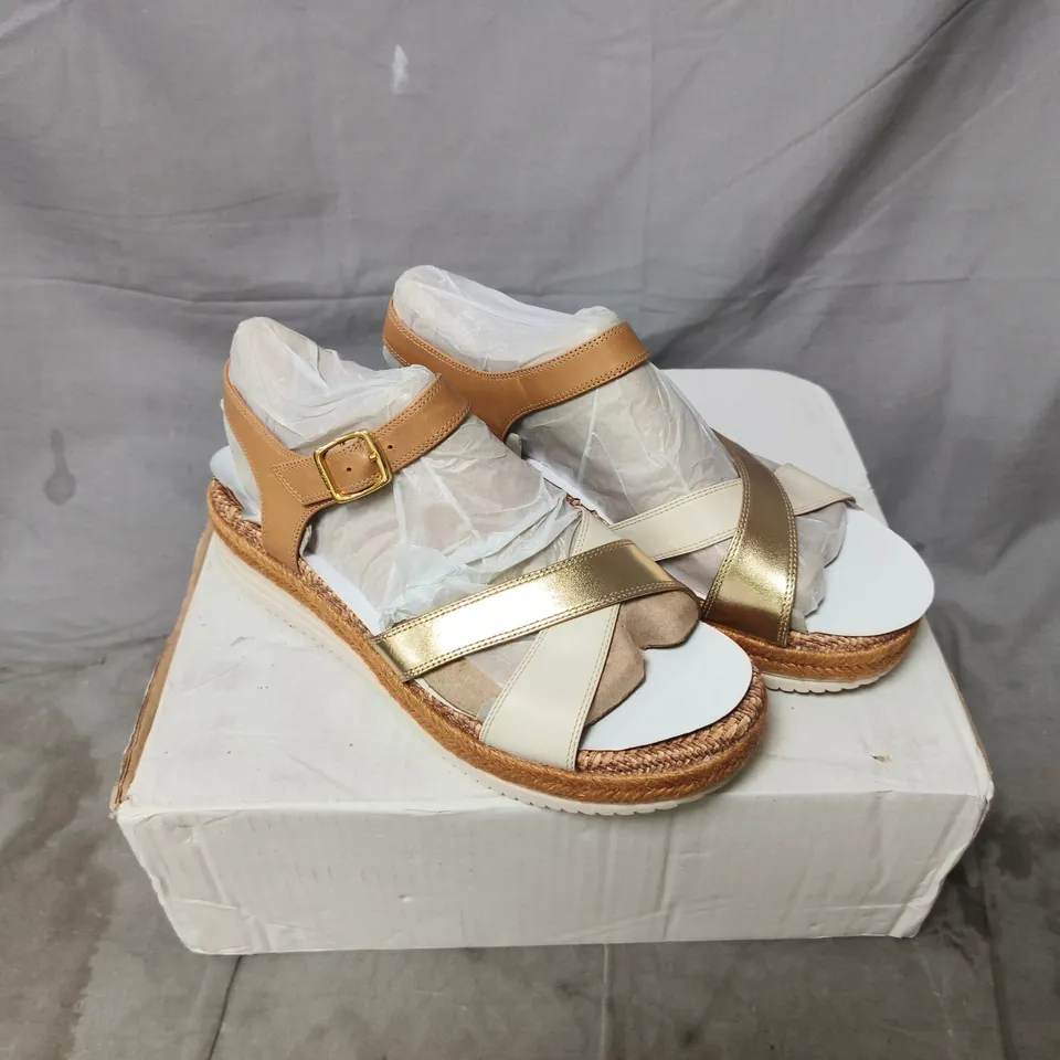 WOMEN'S ESPADRILLE WEDGE SANDALS – BEIGE & GOLD STRAPS UK SIZE 6.5