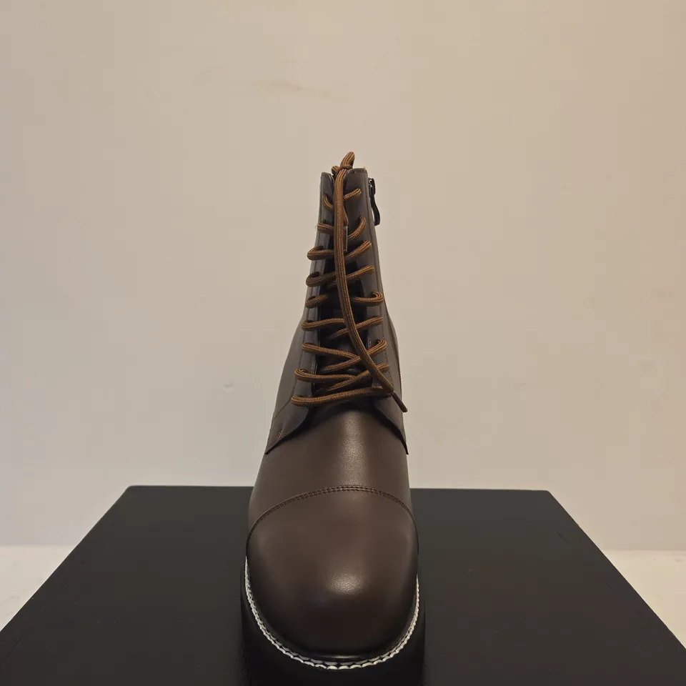 BOXED PAIR OF CHAMARIPA HIGH WEDGE BROWN BOOTS - SIZE UNSPECIFIED