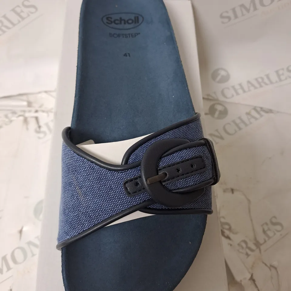 BOXED SCHOLL SANDLES IN DENIM BLUE SIZE 7 