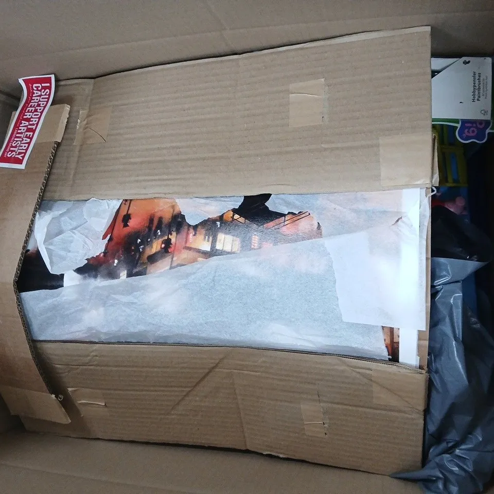BOX OF APPROXIMATELY 15 ASSORTED ITEMS TO INCLUDE ART, CLOTHES ETC.