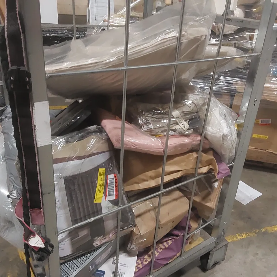 CAGE CONTAINING ASSORTED CONSUMER PRODUCTS INCLUDING: CURTAINS, SEAT CUSHIONS ECT - CAGE NOT INCLUDED 