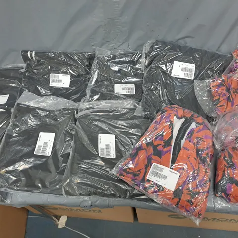 BOX OF APPROXIMATELY 10 ASSORTED BAGGED PIECES OF CLOTHING IN VARIOUS STYLES, SIZES, AND BRANDS