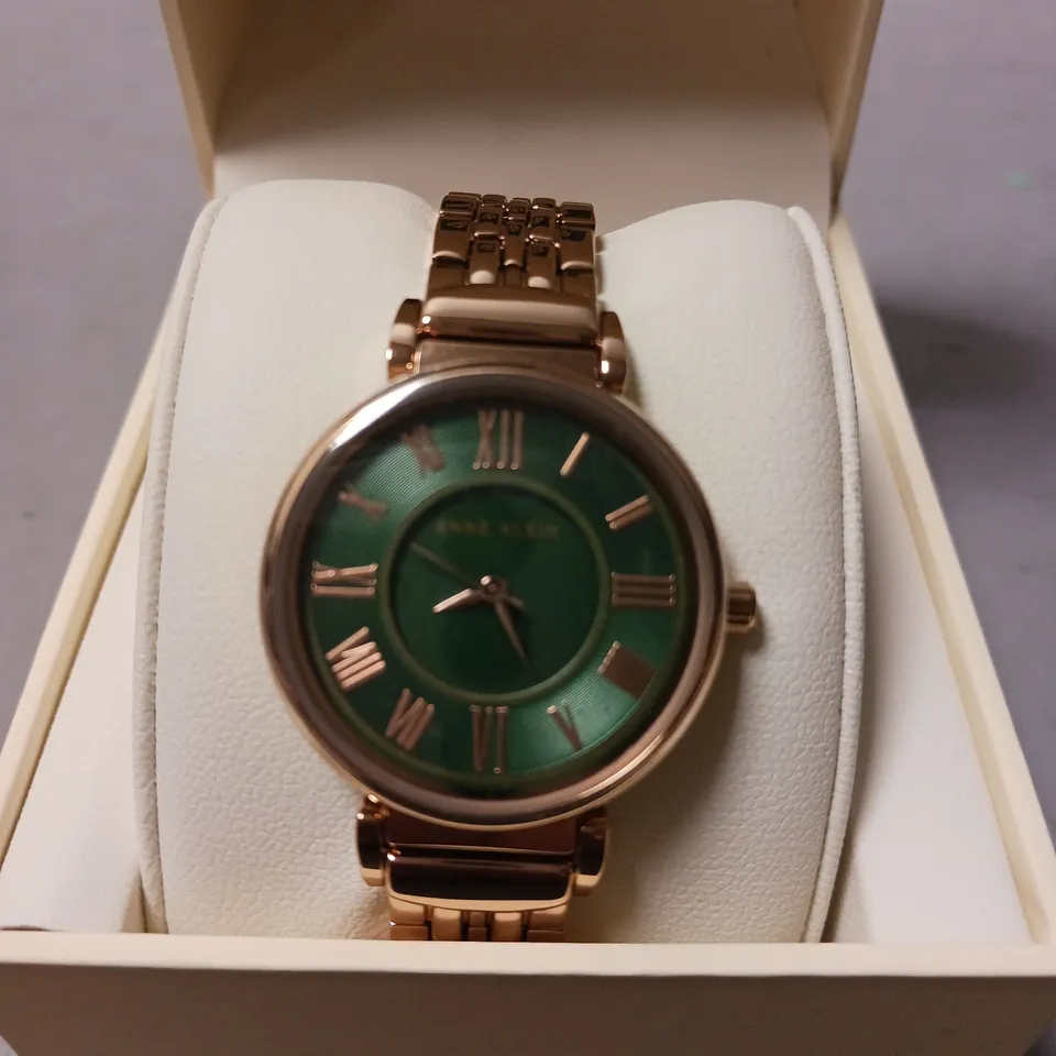 BOXED ANNE KLEIN ROSE GOLD BAND GREEN DIAL WOMEN'S WATCH