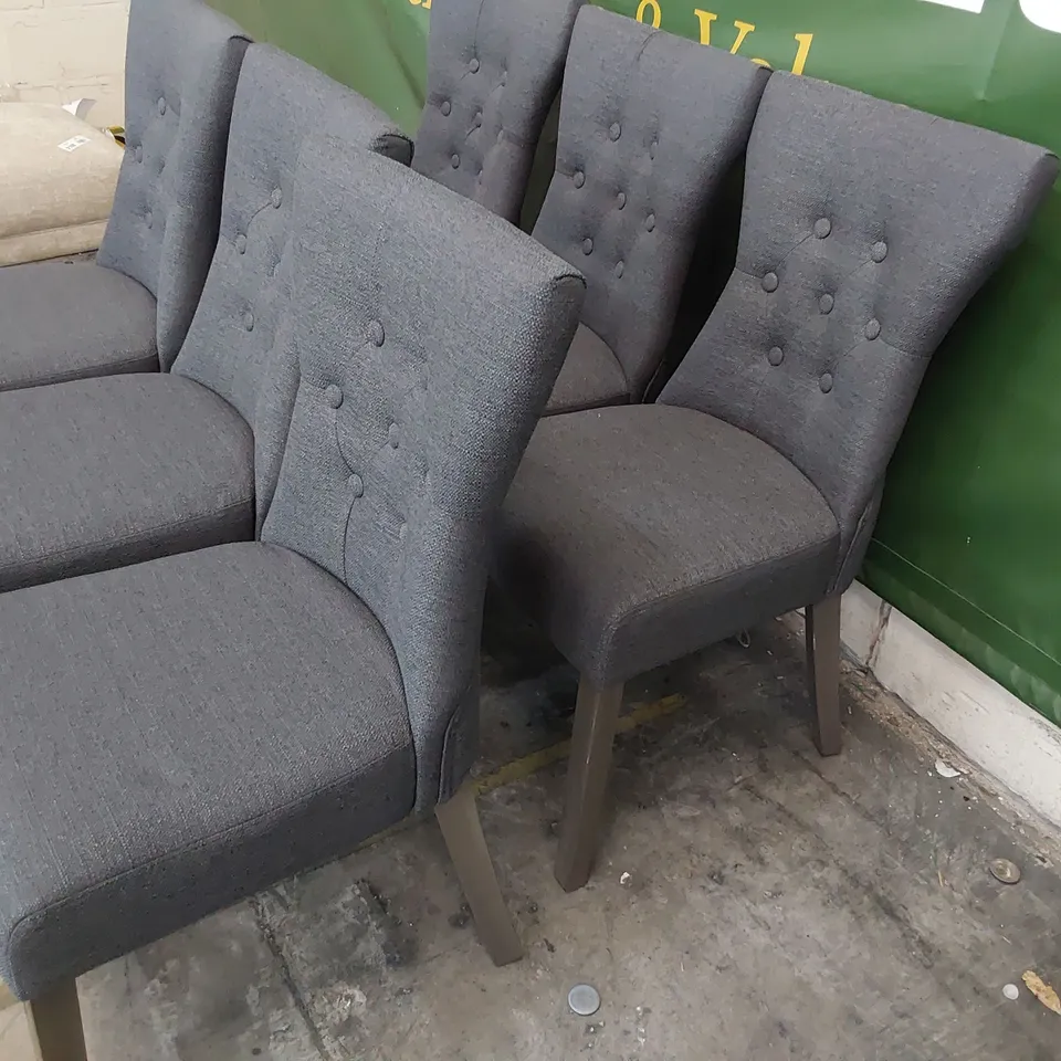 SET OF SIX UPHOLSTERED DINING CHAIRS BUTTONED BACKS, CHARCOAL FABRIC ON SILVER LEGS