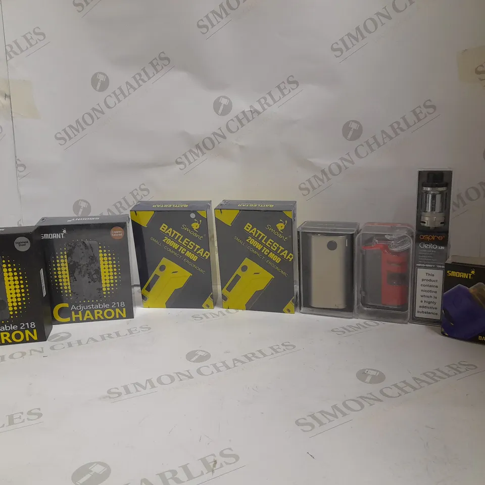LOT OF APPROXIMATELY 10 E-CIGARETTE RELATED ITEMS TO INCLUDE ADJUSTABLE 218 CHARON, SMOANT BATTLESTAR 200W TC MOD, AND ASPIRE CLEITO ETC. 
