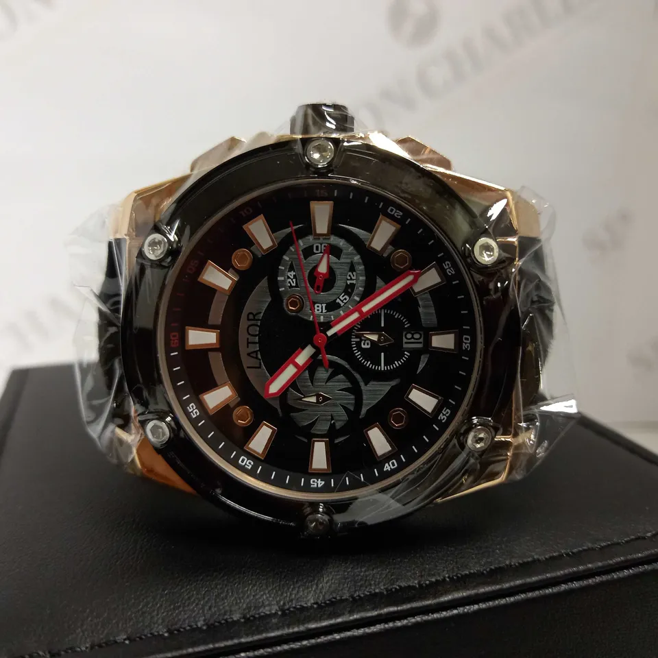 LATOR CALIBRE BLACK DIAL CHRONOGRAPH STYLE LEATHER STRAP WATCH RRP £635