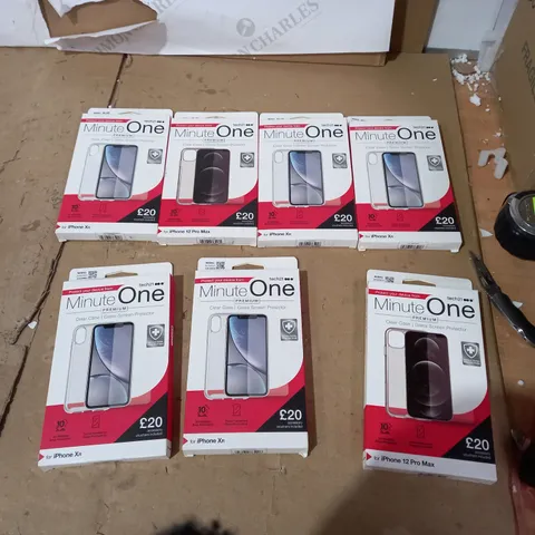 LOT OF 7 TECH 21 MINUTE ONE CLEAR IPHONE XR, IPHONE 12 PRO MAX CASES