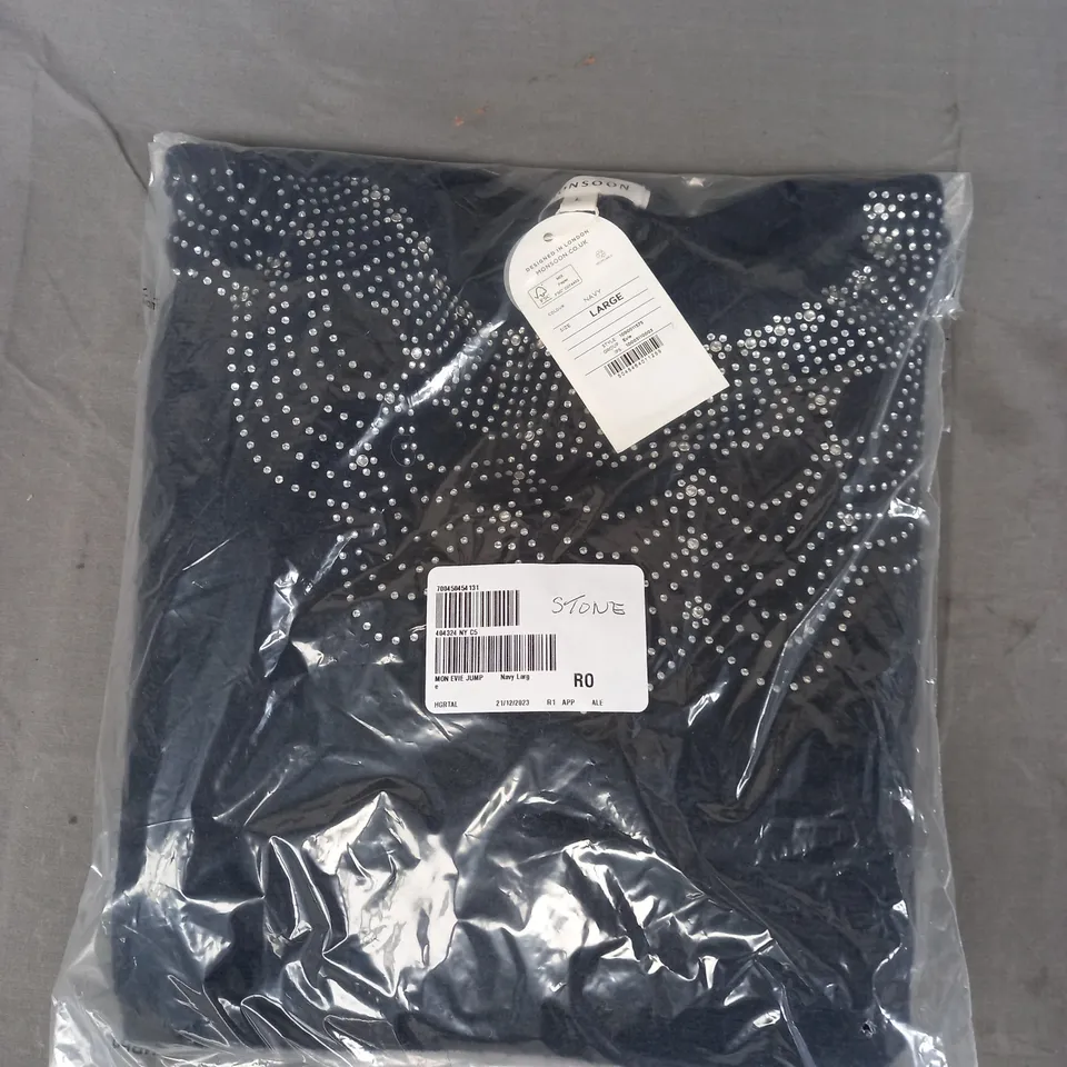 MONSOON EVIE EMBELLISHED JUMPER IN NAVY SIZE LARGE