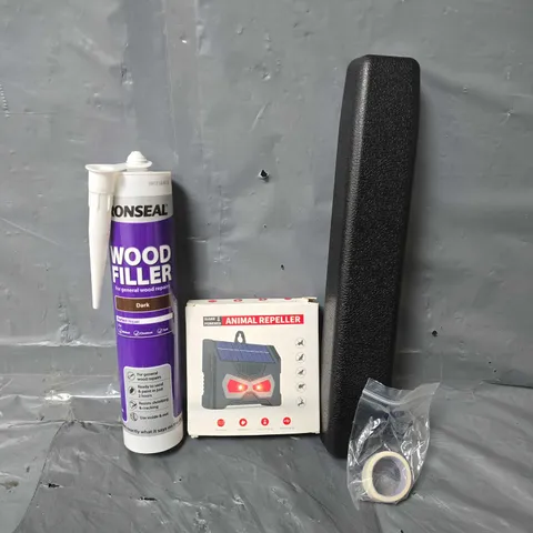 APPROXIMATELY 9 ASSORTED ITEMS TO INCLUDE -WOOD FILLER , ANIMAL REPELLER , ADHESIVE TAPE ETC