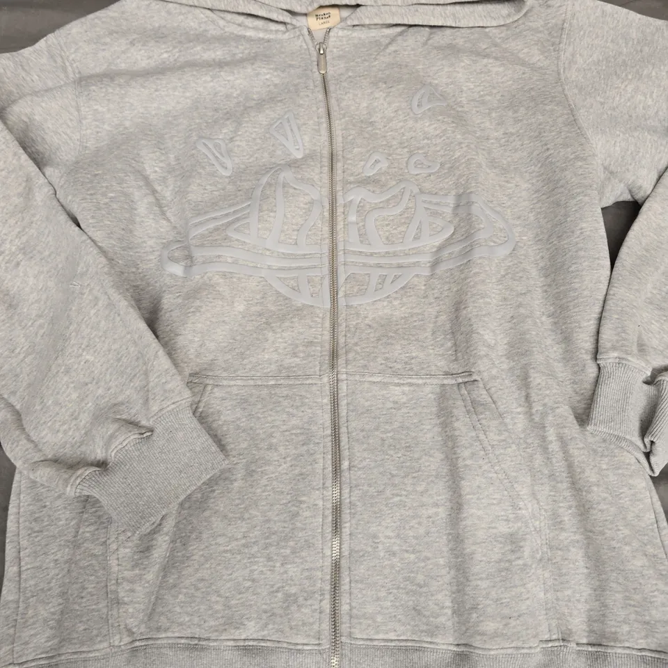 BROKEN PLANET GREY ZIP THROUGH HOODIE - LARGE