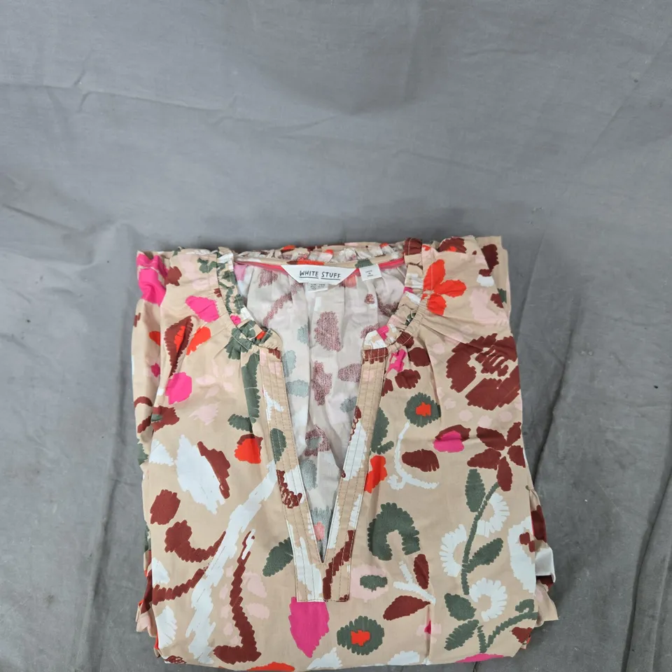 WHITE STUFF WOMEN'S FLORAL DRESS – BEIGE WITH MULTICOLOUR PRINT, UK 14R