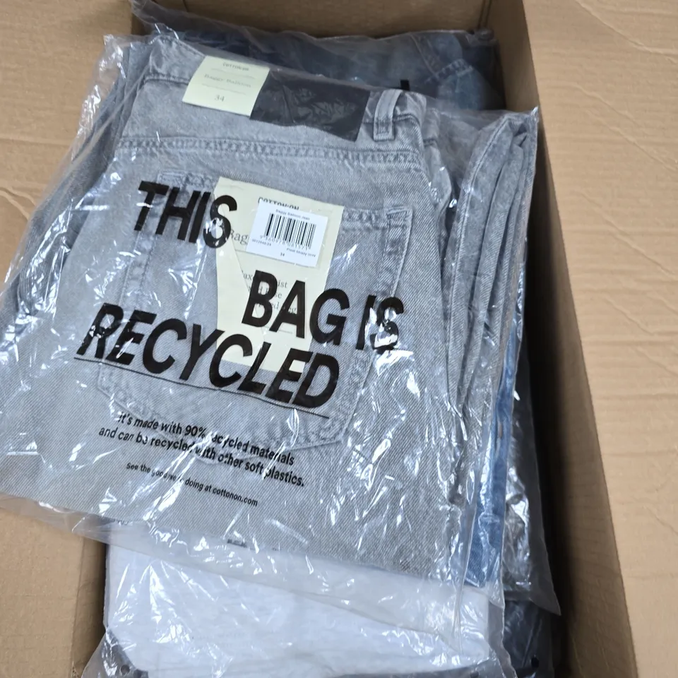 BOX OF APPROXIMATELY 20 ASSORTED COTTON ON CLOTHES INCLUDING RIO BALLOON PANTS, A DENIM TRUCKER JACKET AND PLUSH MICRO SHORTS 