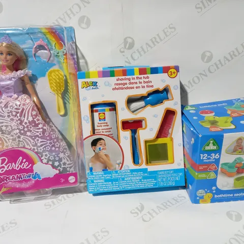 BOX OF APPROXIMATELY 15 ASSORTED TOYS AND GAMES TO INCLUDE BARBIE DREAMTOPIA, ALEX BATH, BATHTIME SEALS, ETC