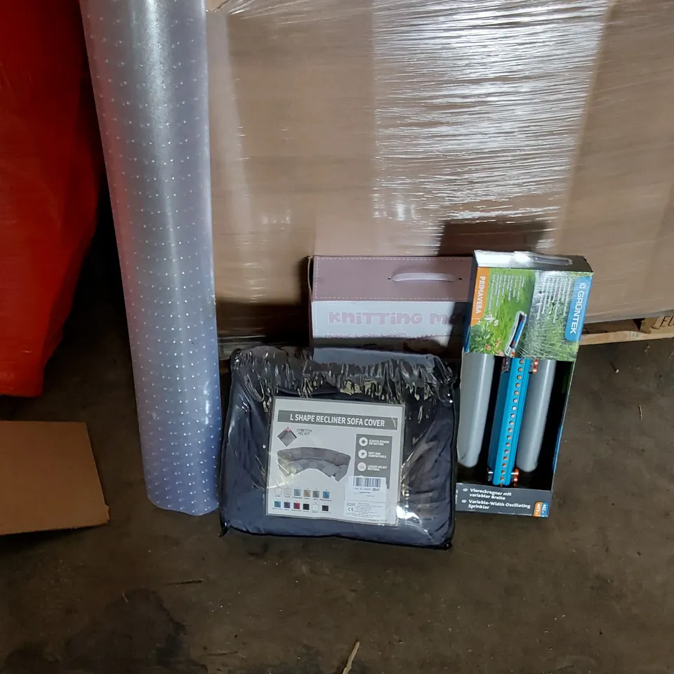 PALLET OF ASSORTED ITEMS INCLUDING,L SHAPED RECLINER SOFA COVER, GARDEN SPRINKLER, KNITTING MACHINE, BATH MATS