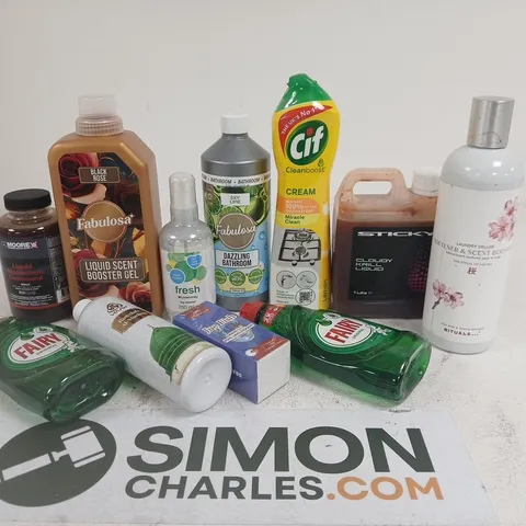 LARGE QUANTITY OF ASSORTED HOME LIQUID ITEMS TO INCLUDE FABRIC FRESHENER, LIQUID BOOSTER GEL