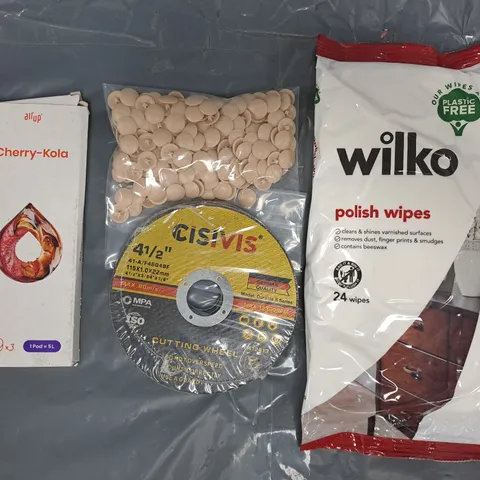 APPROXIMATELY 10 ASSORTED HOUSEHOLD ITEMS TO INCLUDE WILKO POLISH WIPES, CISIVIS CUTTING WHEEL, AIR UP AROMA PODS, ETC