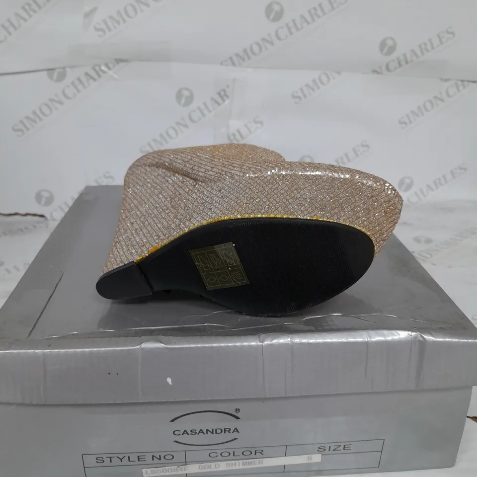 BOXED PAIR OF CASANDRA PLATFORM WEDGE HEEL ANKLE SHOE IN GOLD SHIMMER SIZE 6