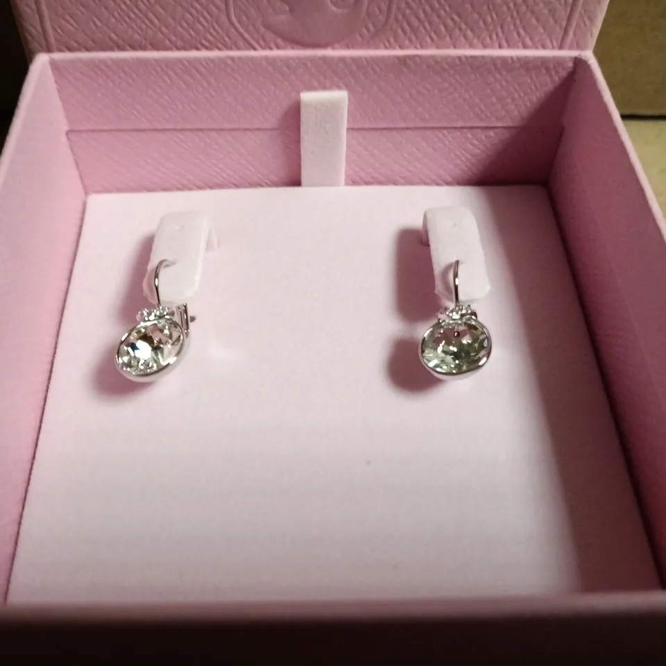 SWARVSK SILVER-TONE DROP EARRINGS WITH CLEAR STONES IN PINK PRESENTATION BOX