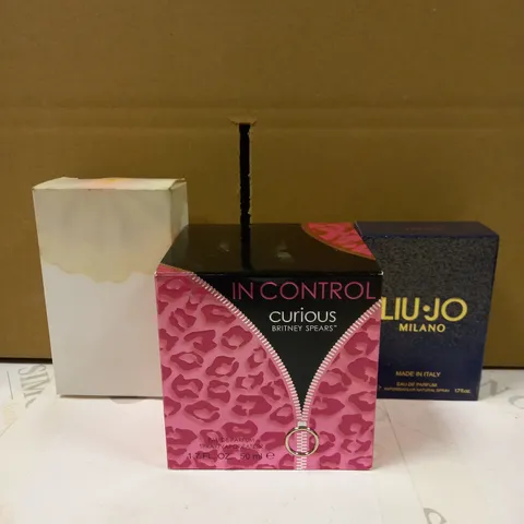 LOT OF 3 ASSORTED PERFUMES TO INCLUDE BRITNEY SPEARS CURIOUS, LUI.JO MILANO, CARON AIMEZ-MOI COMME JE SUIS
