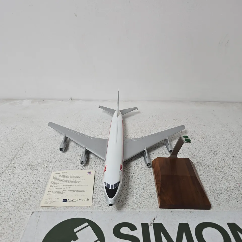 ATLANTIC MODELS TWA FOUR-ENGINE JET MODEL AIRCRAFT – WITH WOOD DISPLAY STAND (N804TW)