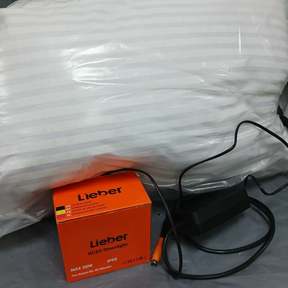 APROXIMATELY 15 ASSORTED HOUSEHOLD ITEMS TO INCLUDE PILLOWS, LIEBER GU10 DOWNLIGHT, SKY POWER CABLE, ETC