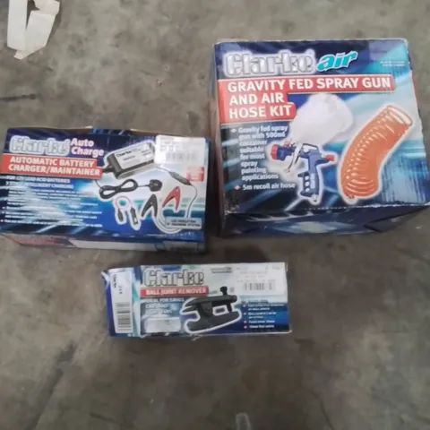 BOX OF ASSORTED ITEMS TO INCLUDE;CLARKE SPRAY GUN,CLARKE AUTOMATIC BATTERY CHARGER,BALL JOINT REMOVER
