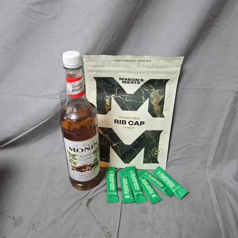 3 ASSORTED FOOR ITEMS TO INCLUDE MASONS MEAT RIB CAP JERKY, MONIN ROASTED HAZELNUT, HYDRATE+ LIME MARGARITA - COLLECTION ONLY