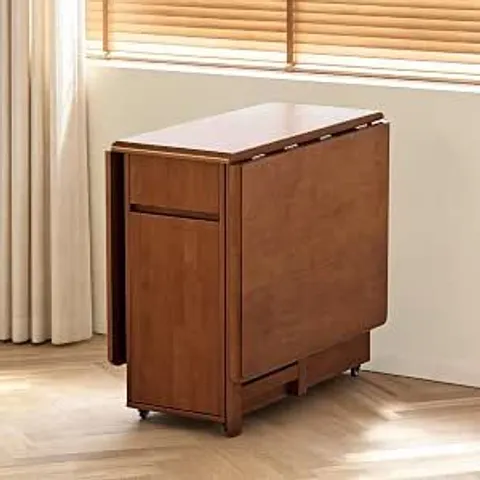 BOXED SOLID WOOD 130CM DROP LEAF DINING TABLE, NO ASSEMBLY REQUIRED, 2 DRAWERS, SWIVEL CASTORS