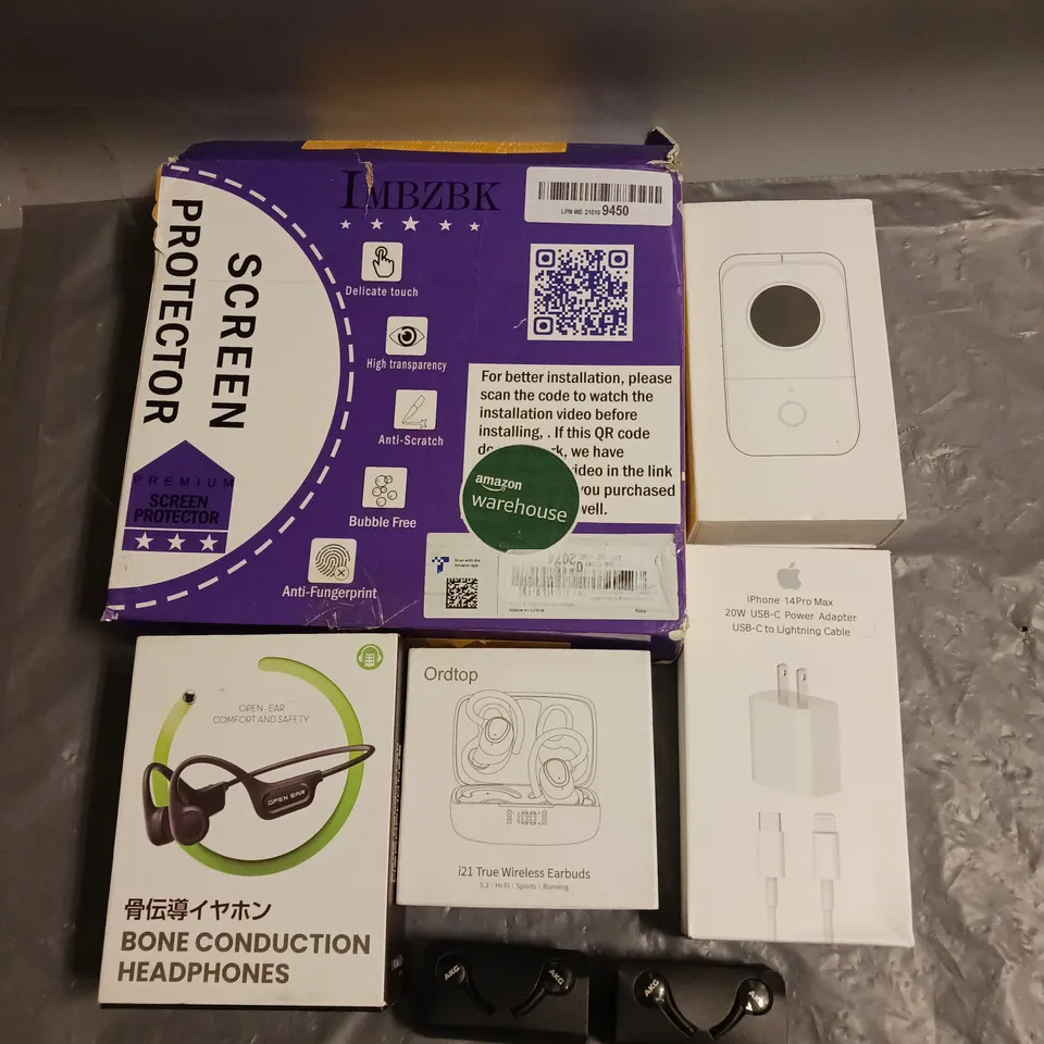 BOX OF APPROX 7 ASSORTED ITEMS TO INCLUDE - PHOMEO LABEL PRINTER - IMBZBK SCREEN PROTECTOR KIT - AKG WIRED EARPHONES ETC 