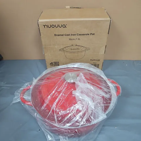 BOXED NUOVA ENAMEL CAST IRON CASSEROLE POT WITH LID, 30 CM, 7.3 L, RED - COLLECTION ONLY