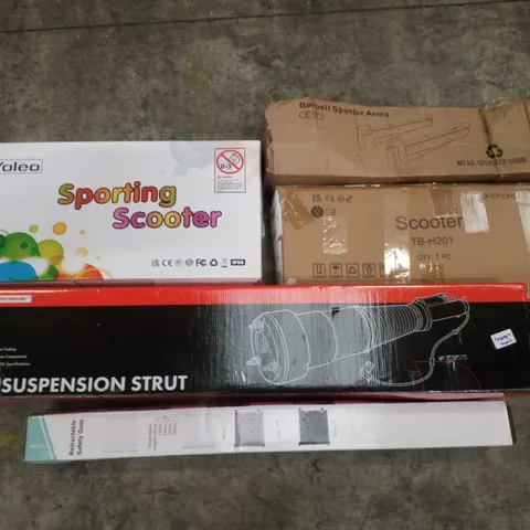 PALLET CONTAINING ASSORTED PRODUCTS INCLUDING SPORTING SCOOTER, RETRACTABLE  SAFETY GATE, AIR SUSPENSION STRUT, BARBELL SPOTTER ARMS & 4K TRI-CHROMA LASER PROJECTOR