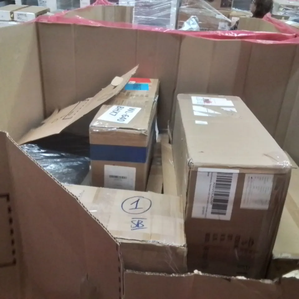PALLET OF ASSORTED HOUSEHOLD GOODS AND PRODUCTS TO INCLUDE;SEWING MACHINE,BADMINTON RACKET,CEILING FAN
