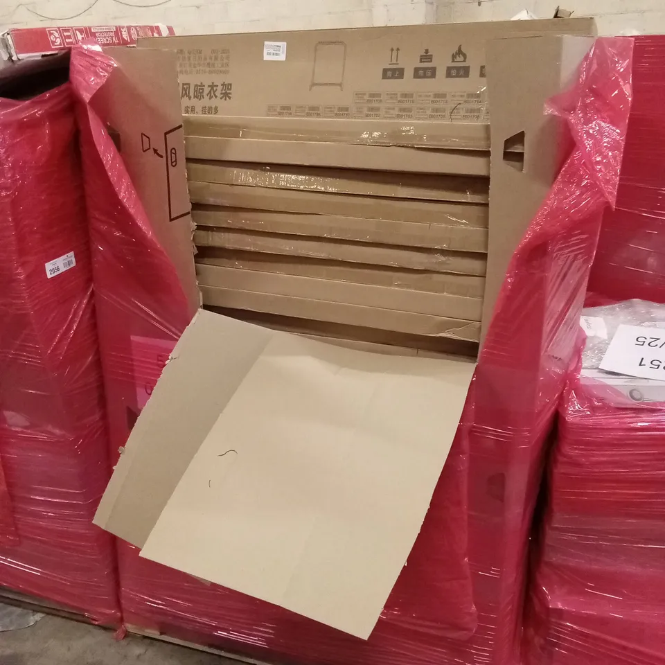 PALLET OF ASSORTED HOUSEHOLD GOODS AND PRODUCTS TO INCLUDE; A LARGE NUMBER OF CLOTHES/COAT HANGERS, BLIND, BOXED FURNITURE ETC 