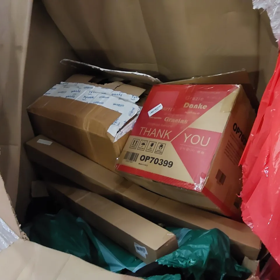 PALLET OF ASSORTED HOUSEHOLD ITEMS AND CONSUMER PRODUCTS. INCLUDES BOXED FURNITURE ETC