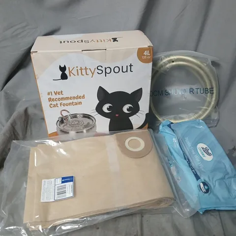 APPROXIMATELY 15 ASSORTED HOUSEHOLD PRODUCTS TO INCLUDE KITTYSPOUT CAT FOUNTAIN, PLASTIC FREE WET WIPES, 150CM SHOWER TUBES, ETC