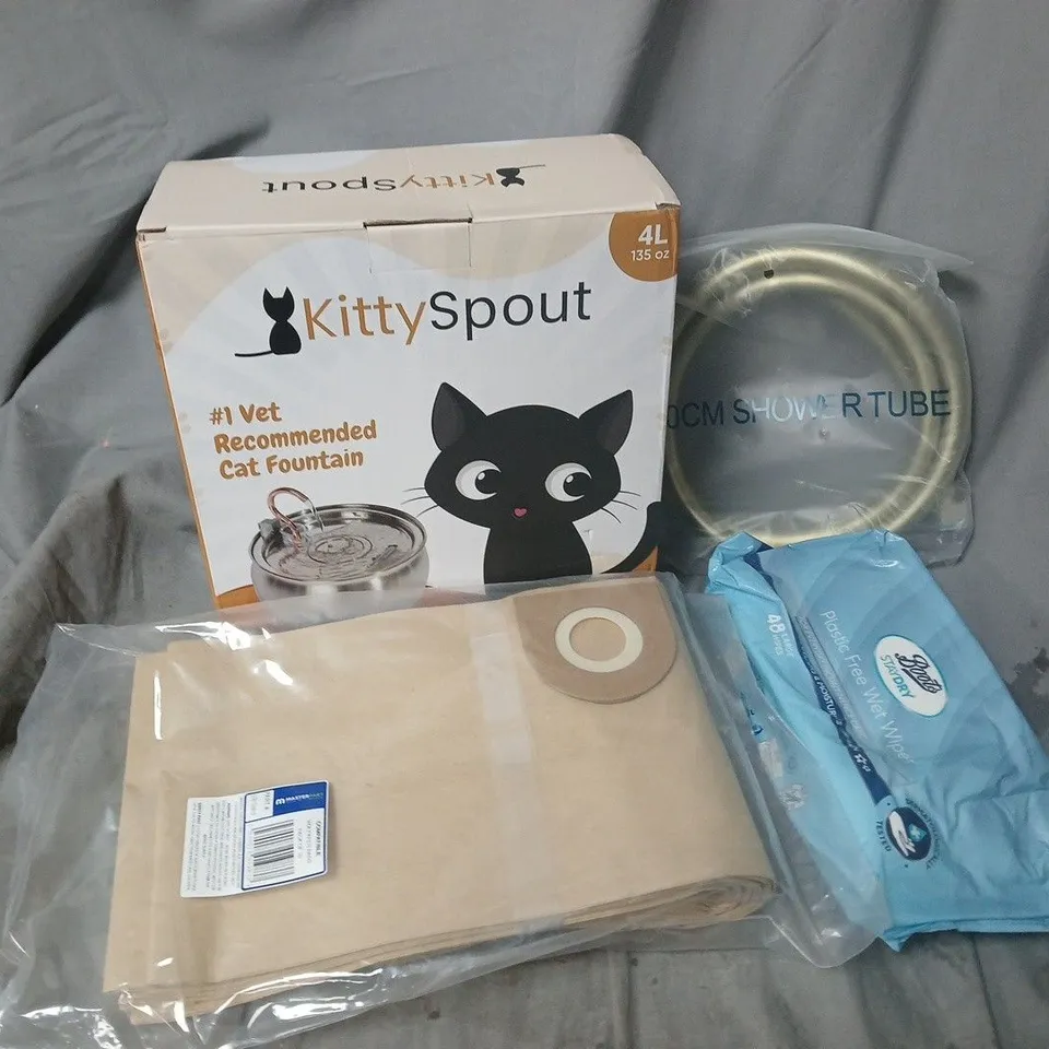 APPROXIMATELY 15 ASSORTED HOUSEHOLD PRODUCTS TO INCLUDE KITTYSPOUT CAT FOUNTAIN, PLASTIC FREE WET WIPES, 150CM SHOWER TUBES, ETC